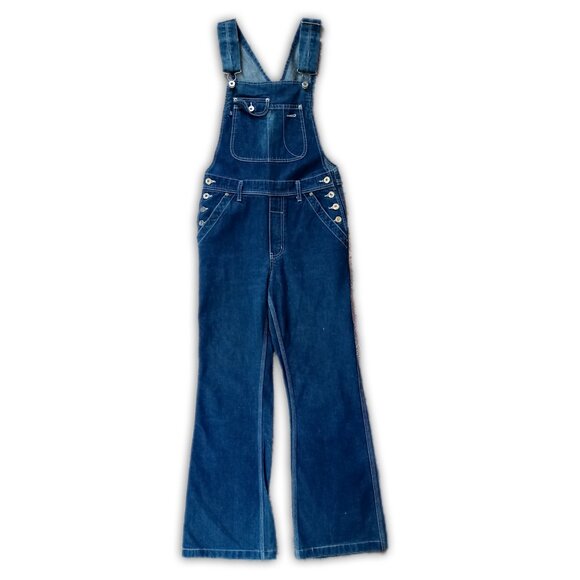VINTAGE 90s SILVER JEANS DENIM FLARED OVERALLS BIB - Picture 1 of 13